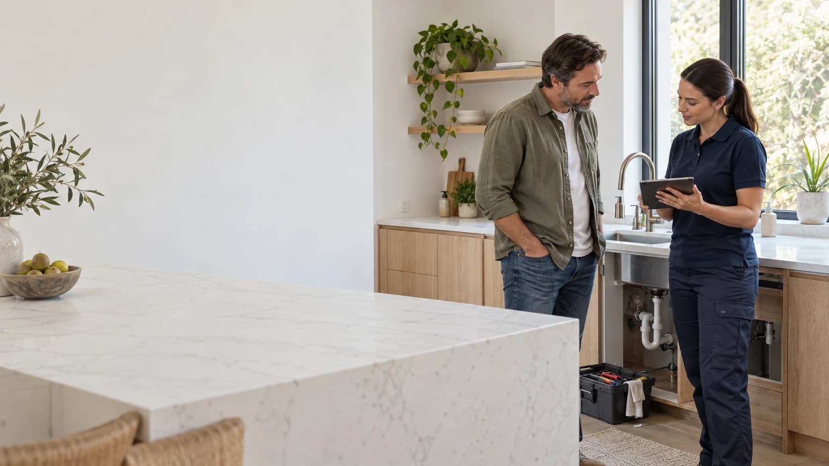 A homeowner and professional discussing care for a light filled kitchen
